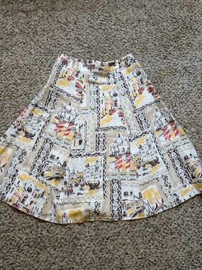 Silk Printed A-Line SSkirt in Beige, Yellow & Red